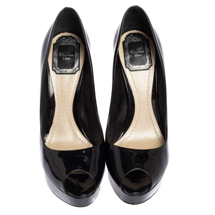 Pre Owned Dior Black Patent Leather Peep Toe Platform Pumps Size 37.5