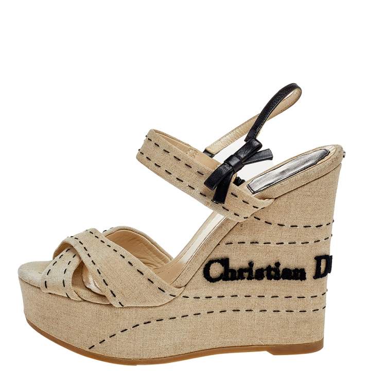 Pre Owned Dior Beige Canvas And Leather Criss Cross Wedge Platform Slingback Sandals Size 37.5