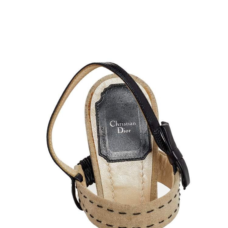 Pre Owned Dior Beige Canvas And Leather Criss Cross Wedge Platform Slingback Sandals Size 37.5