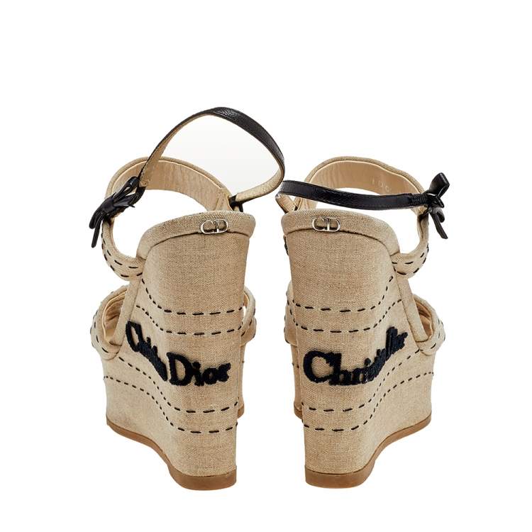Pre Owned Dior Beige Canvas And Leather Criss Cross Wedge Platform Slingback Sandals Size 37.5