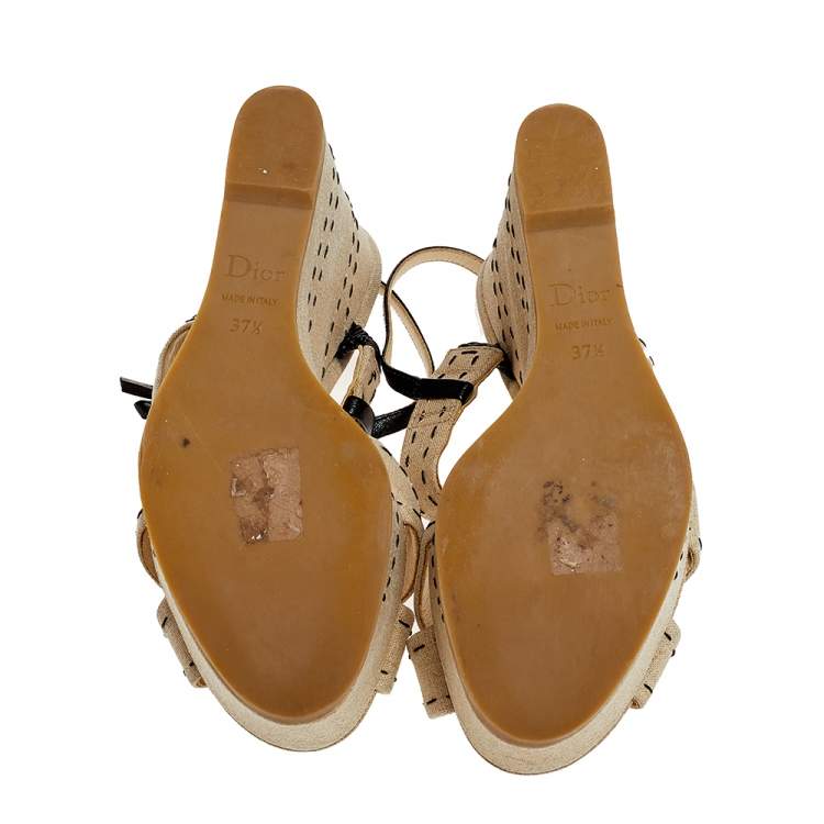 Pre Owned Dior Beige Canvas And Leather Criss Cross Wedge Platform Slingback Sandals Size 37.5