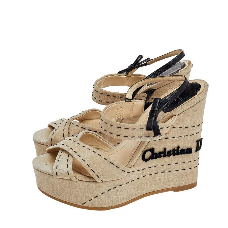 Pre Owned Dior Beige Canvas And Leather Criss Cross Wedge Platform Slingback Sandals Size 37.5