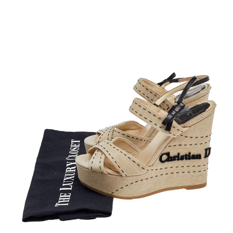 Pre Owned Dior Beige Canvas And Leather Criss Cross Wedge Platform Slingback Sandals Size 37.5