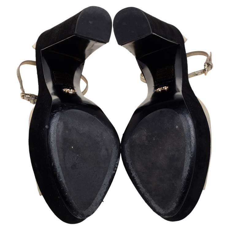 Pre Owned Dior Black/Gold Leather and Suede Open Toe Platform Ankle Strap Sandals Size 38.5