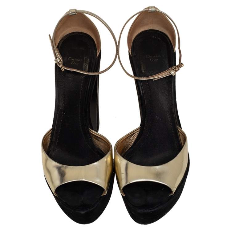 Pre Owned Dior Black/Gold Leather and Suede Open Toe Platform Ankle Strap Sandals Size 38.5