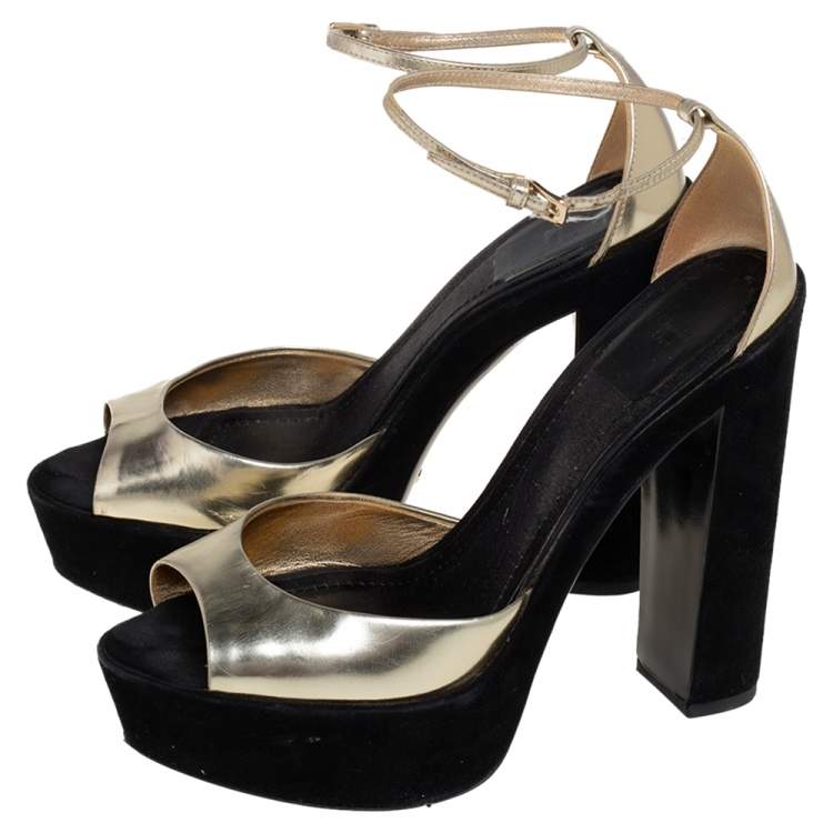 Pre Owned Dior Black/Gold Leather and Suede Open Toe Platform Ankle Strap Sandals Size 38.5