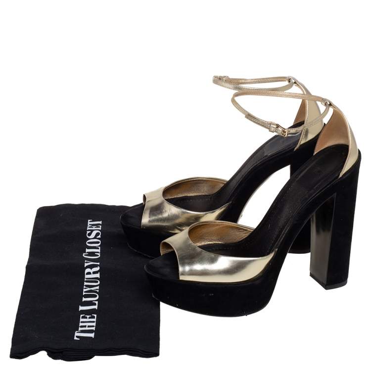 Pre Owned Dior Black/Gold Leather and Suede Open Toe Platform Ankle Strap Sandals Size 38.5