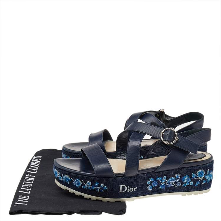 Pre Owned Dior Blue Leather Prairie Embroidered Denim Platform Sandals Size 40
