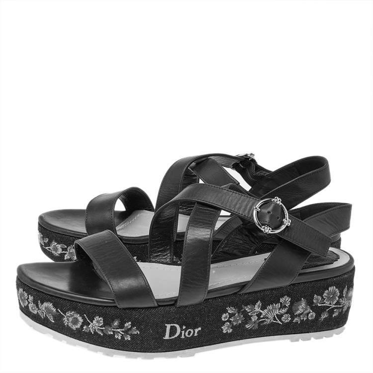 Pre Owned Dior Blue Leather Prairie Embroidered Denim Platform Sandals Size 40