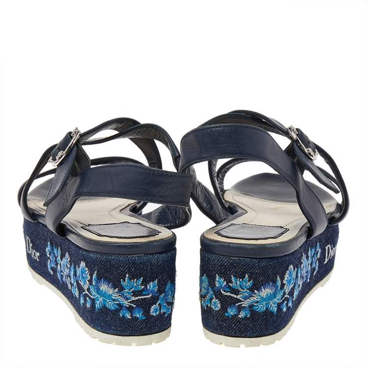 Pre Owned Dior Blue Leather Prairie Embroidered Denim Platform Sandals Size 40