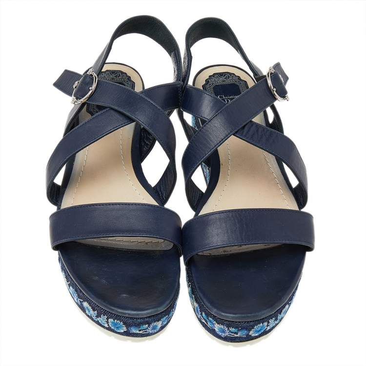 Pre Owned Dior Blue Leather Prairie Embroidered Denim Platform Sandals Size 40