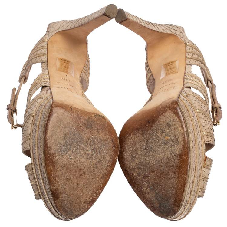 Pre Owned Dior Gold/Beige Python Embossed Leather Peep Toe Ankle Strap Sandals Size 38.5