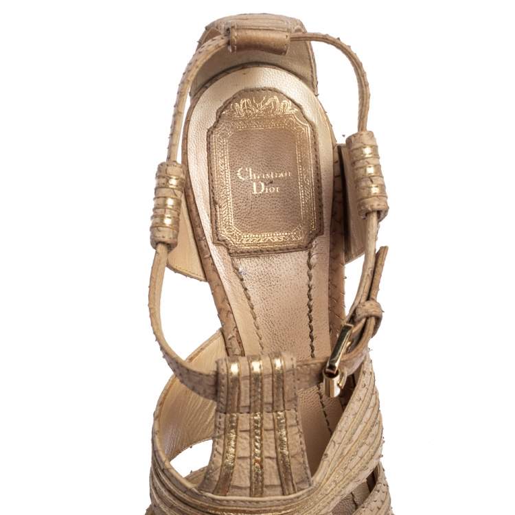 Pre Owned Dior Gold/Beige Python Embossed Leather Peep Toe Ankle Strap Sandals Size 38.5