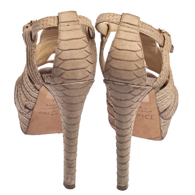 Pre Owned Dior Gold/Beige Python Embossed Leather Peep Toe Ankle Strap Sandals Size 38.5