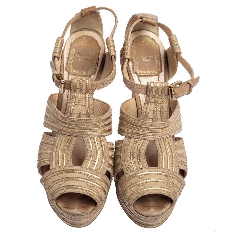 Pre Owned Dior Gold/Beige Python Embossed Leather Peep Toe Ankle Strap Sandals Size 38.5