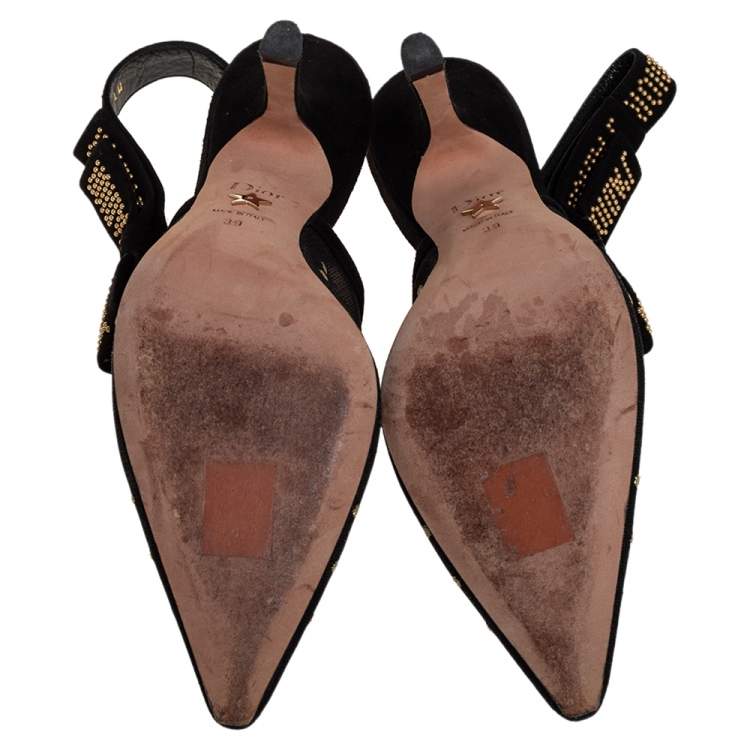 Pre Owned  Dior Black Plumetis Mesh J'adior Studded Suede Pointed Toe Slingback Sandals Size 39