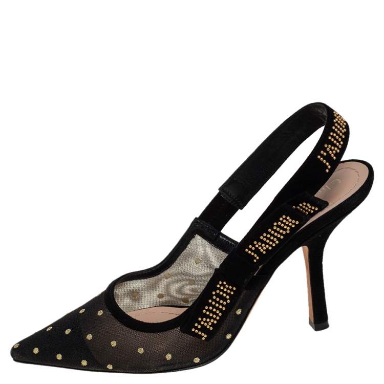 Pre Owned  Dior Black Plumetis Mesh J'adior Studded Suede Pointed Toe Slingback Sandals Size 39