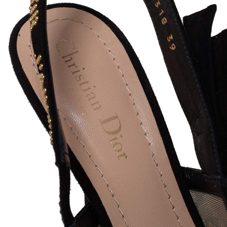 Pre Owned  Dior Black Plumetis Mesh J'adior Studded Suede Pointed Toe Slingback Sandals Size 39