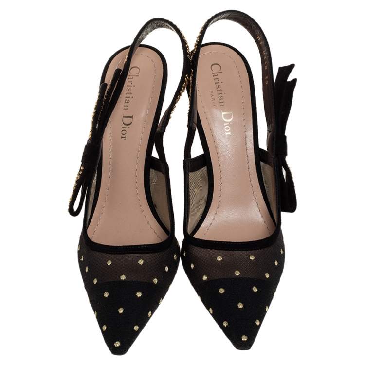 Pre Owned  Dior Black Plumetis Mesh J'adior Studded Suede Pointed Toe Slingback Sandals Size 39