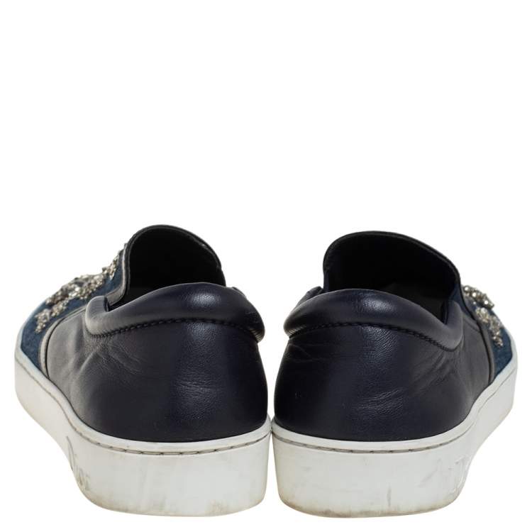Pre Owned Dior Black/ Blue Denim And Leather Crystal Embellished Slip On Sneakers Size 40