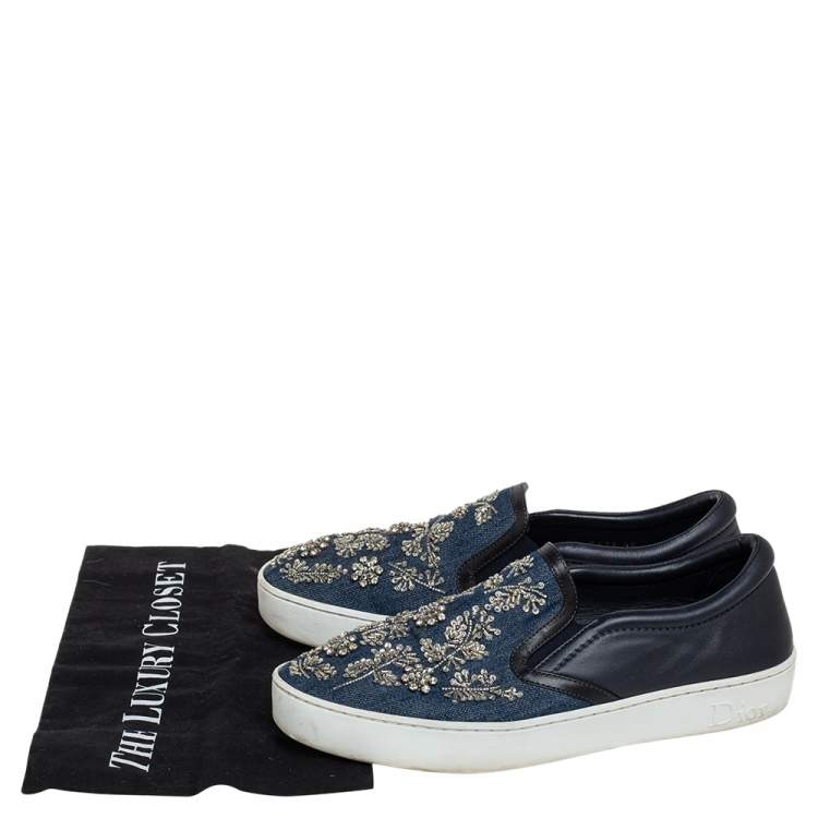 Pre Owned Dior Black/ Blue Denim And Leather Crystal Embellished Slip On Sneakers Size 40