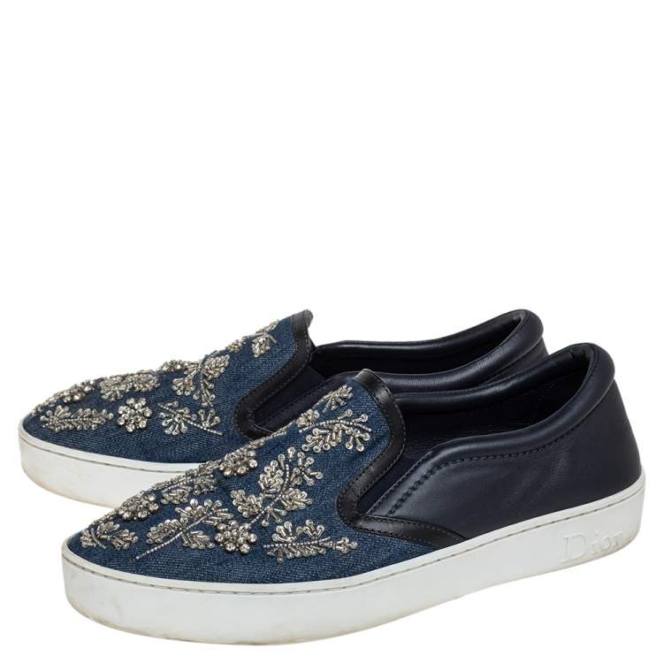 Pre Owned Dior Black/ Blue Denim And Leather Crystal Embellished Slip On Sneakers Size 40