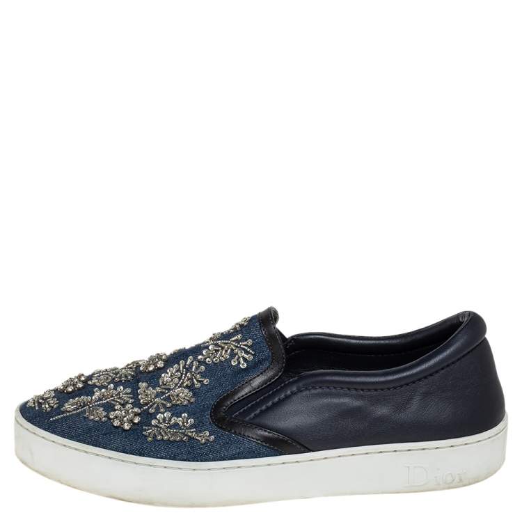 Pre Owned Dior Black/ Blue Denim And Leather Crystal Embellished Slip On Sneakers Size 40