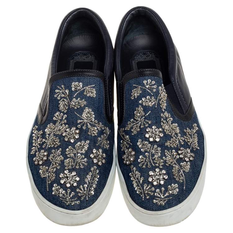 Pre Owned Dior Black/ Blue Denim And Leather Crystal Embellished Slip On Sneakers Size 40