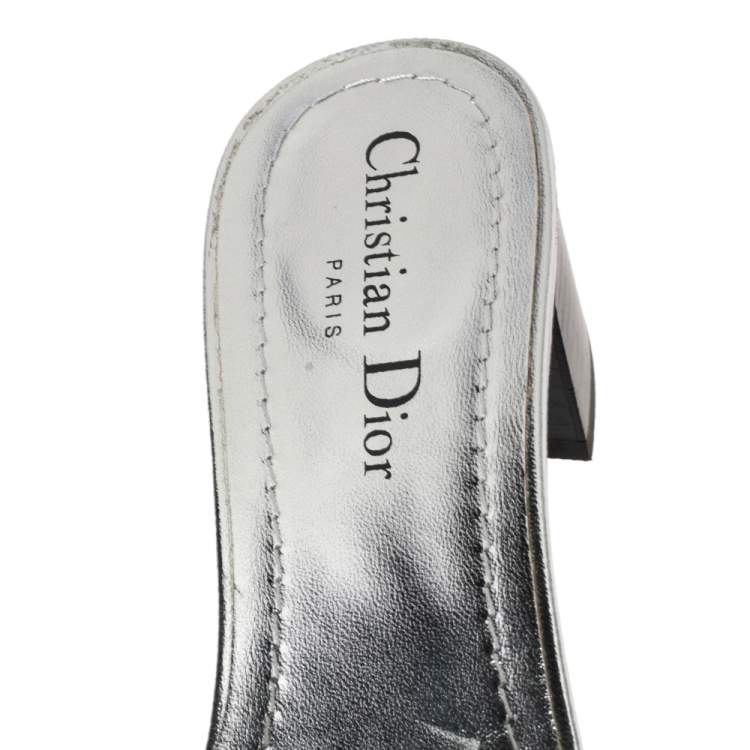 Pre Owned Dior Silver Canvas Embroidered Dway Sandals Size 38.5