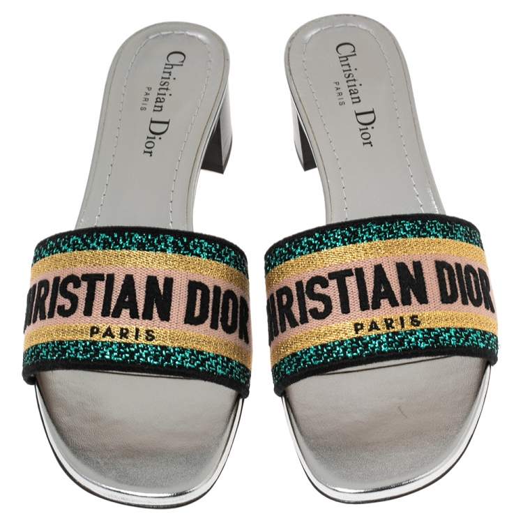 Pre Owned Dior Silver Canvas Embroidered Dway Sandals Size 38.5