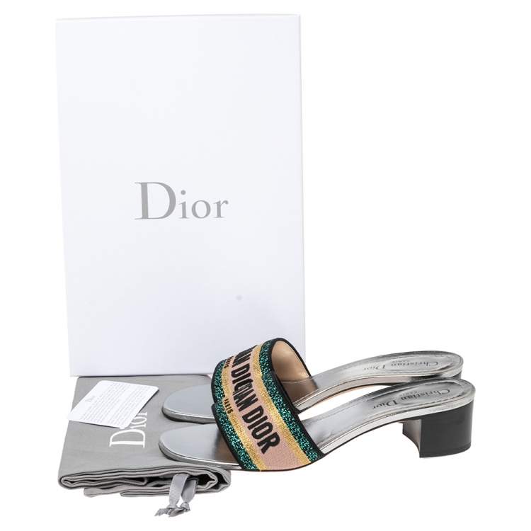 Pre Owned Dior Silver Canvas Embroidered Dway Sandals Size 38.5