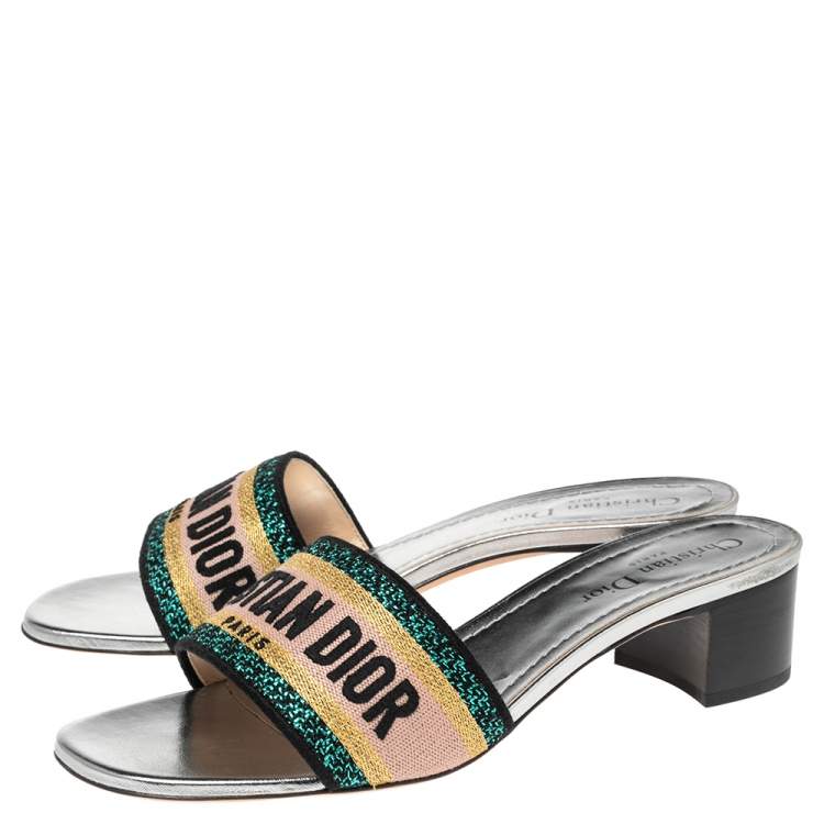 Pre Owned Dior Silver Canvas Embroidered Dway Sandals Size 38.5