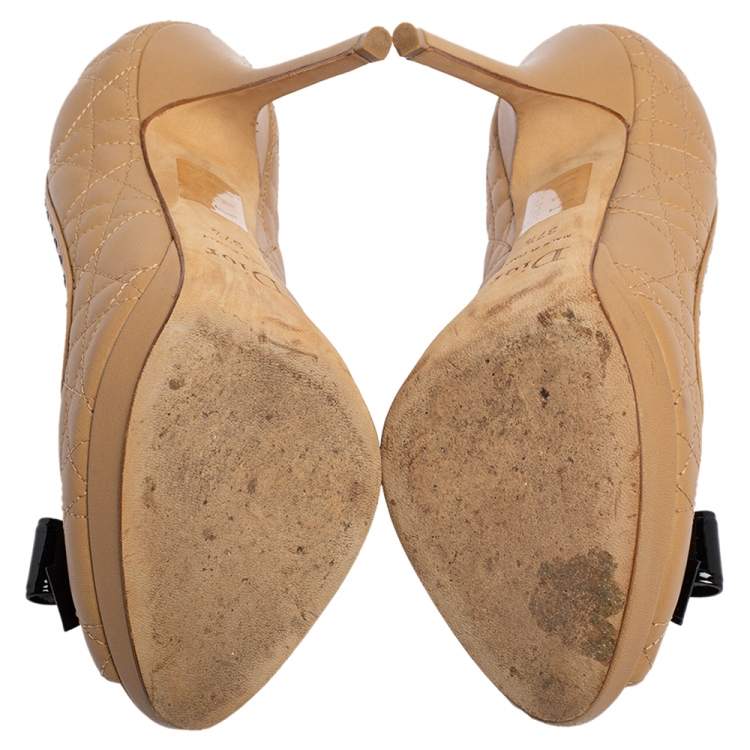 Pre Owned Dior Beige Cannage Leather Bow Peep Toe Pumps Size 37.5