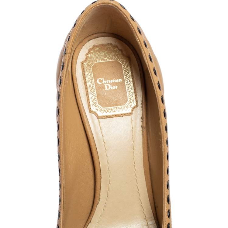 Pre Owned Dior Beige Cannage Leather Bow Peep Toe Pumps Size 37.5