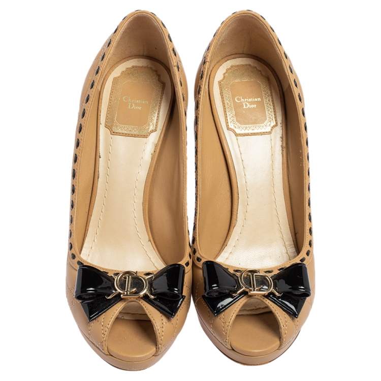Pre Owned Dior Beige Cannage Leather Bow Peep Toe Pumps Size 37.5