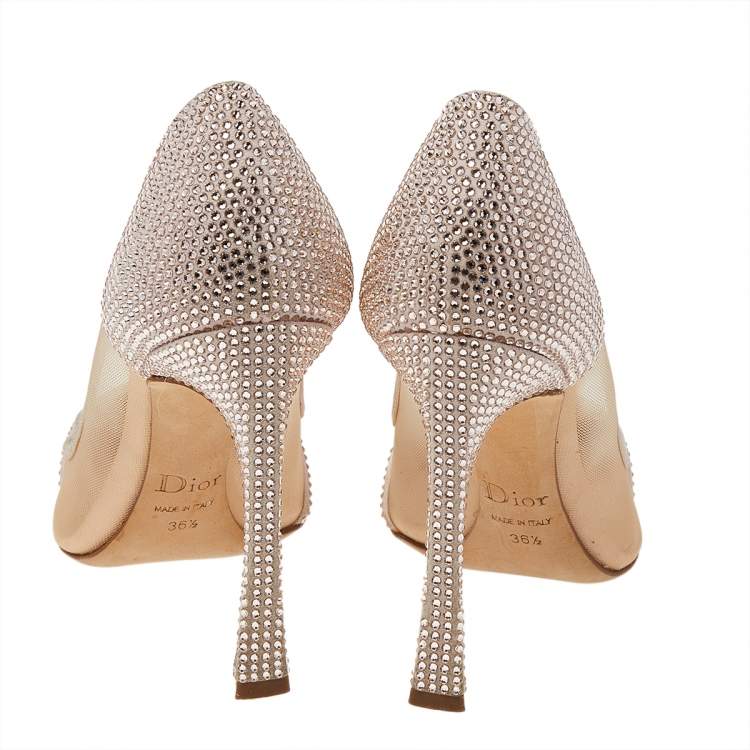 Pre Owned Dior Beige Crystal Embellished Suede And Mesh Pointed Toe Pumps Size 36.5