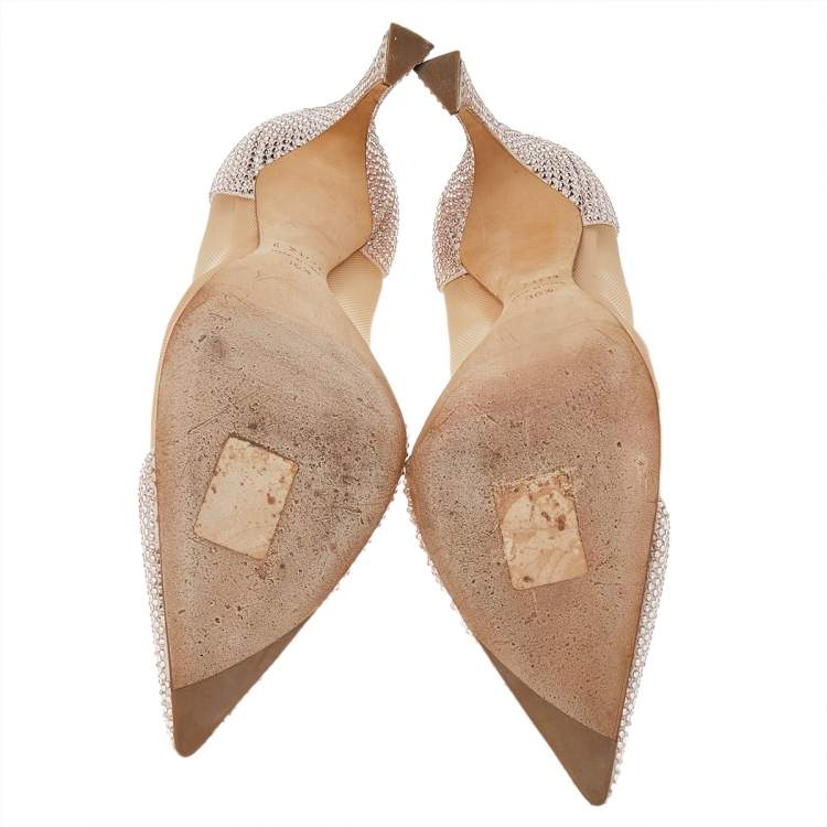 Pre Owned Dior Beige Crystal Embellished Suede And Mesh Pointed Toe Pumps Size 36.5