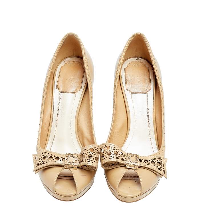 Pre Owned Dior Beige Leather Cannage Bow Peep Toe Pumps Size 38