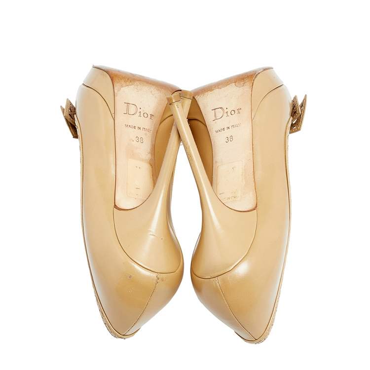 Pre Owned Dior Beige Leather Cannage Bow Peep Toe Pumps Size 38