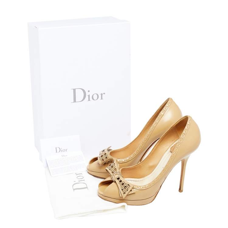 Pre Owned Dior Beige Leather Cannage Bow Peep Toe Pumps Size 38