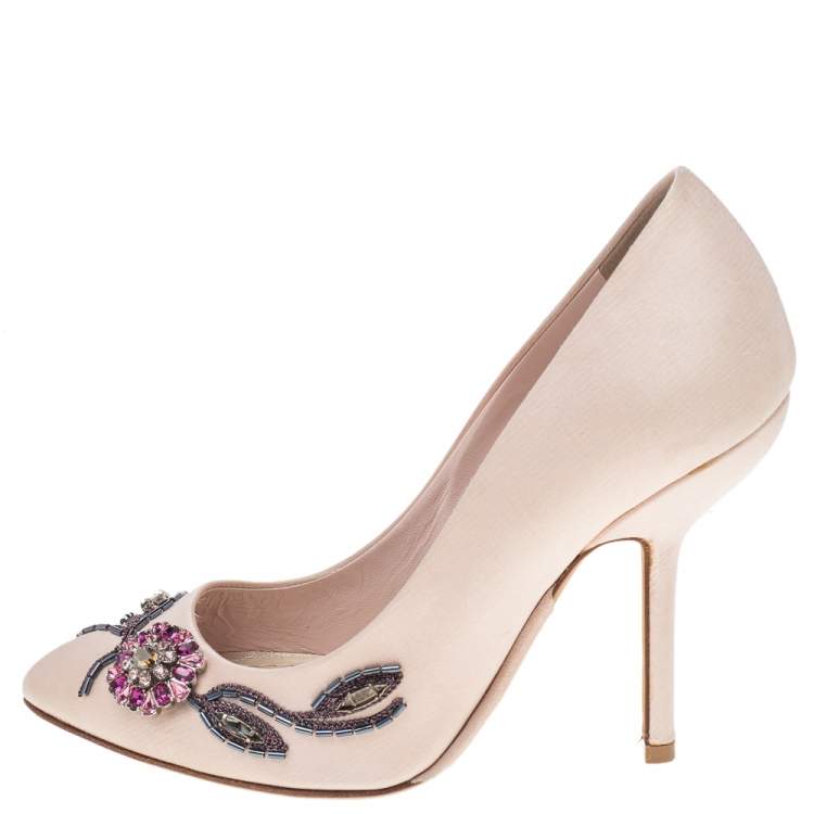 Pre Owned Dior Pink Satin Flower Crystal Embellished Pointed Toe Pumps Size 36.5