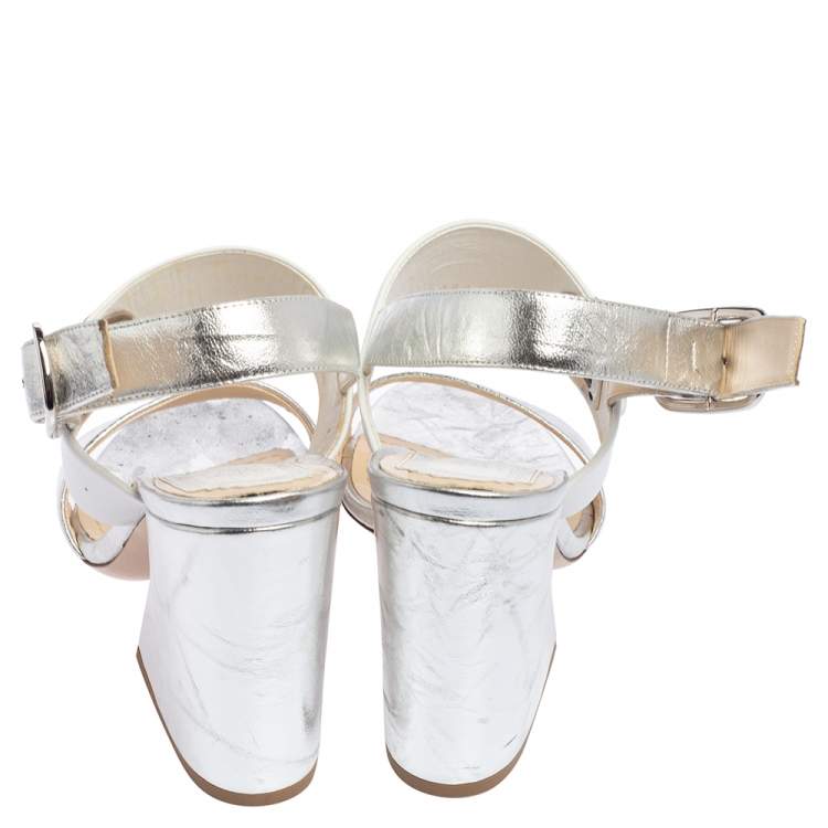 Pre Owned Dior Metallic/White Leather  Slingback Sandals Size 38