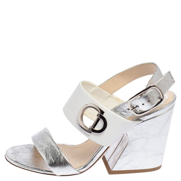 Pre Owned Dior Metallic/White Leather  Slingback Sandals Size 38