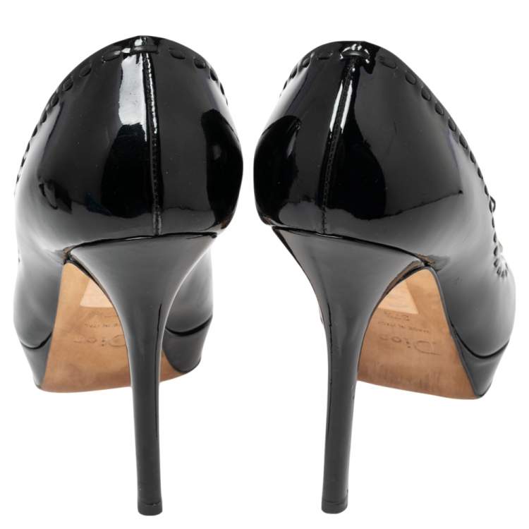Pre Owned Dior Leather Black Patent Leather Peep Toe Bow Pumps Size 37.5