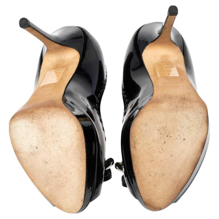 Pre Owned Dior Leather Black Patent Leather Peep Toe Bow Pumps Size 37.5