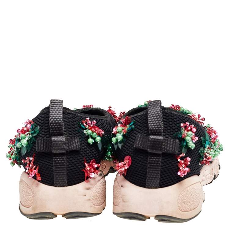 مملوكة مسبقًا Dior Black Mesh Floral Embellished Fusion Slip On Sneakers Size 35.5