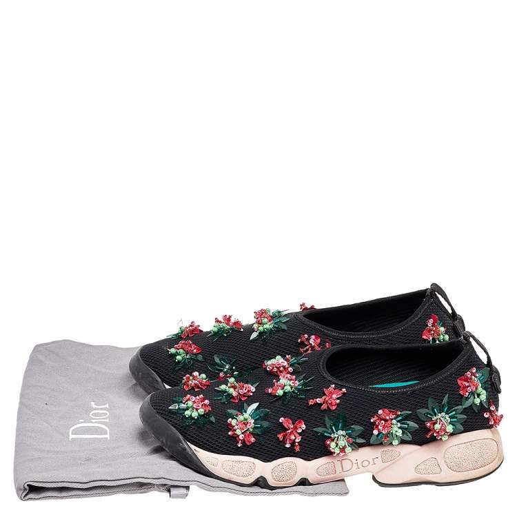 مملوكة مسبقًا Dior Black Mesh Floral Embellished Fusion Slip On Sneakers Size 35.5
