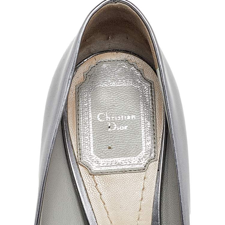 Pre Owned Dior Metallic Grey Leather Microcannage Block Heel Pumps Size 35