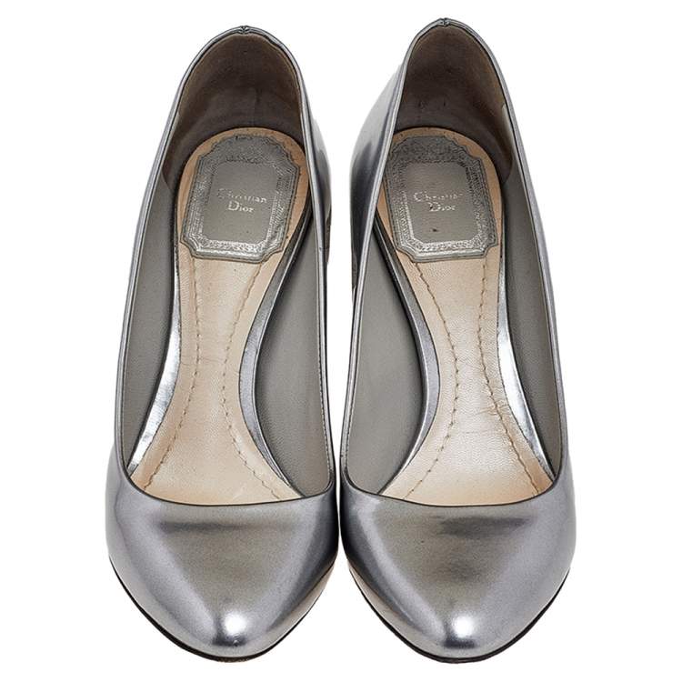 Pre Owned Dior Metallic Grey Leather Microcannage Block Heel Pumps Size 35