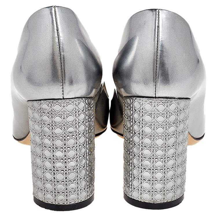 Pre Owned Dior Metallic Grey Leather Microcannage Block Heel Pumps Size 35